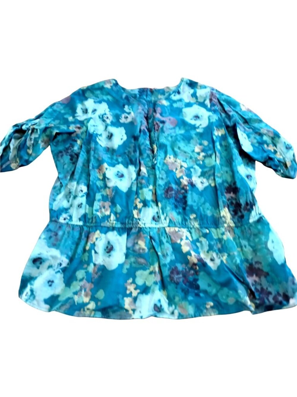 Blue Floral Peasant Top Plus 2X Peplum Cotton Roll Tab Sleeves Stretch Hip Tie